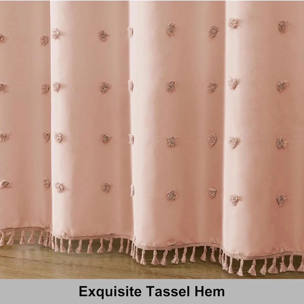 Water-Resistant Blush Pink Shower Curtain with Tassel Detail